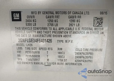 2015 Chevrolet Equinox 2Lt z USA, uszkodzony, nr VIN 2GNFLGE34F6401426